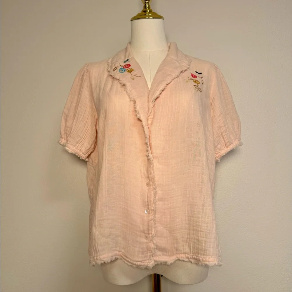 Anthropologie Romilly Soft Gauze PJ Embroidered Pale Pink Top Sz XS Oversized - Picture 7 of 10